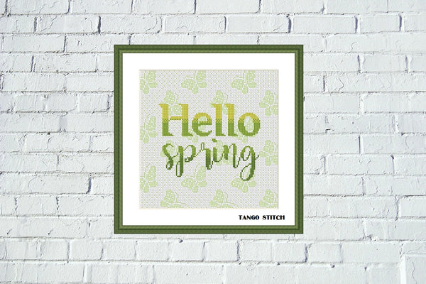 Hello spring typography green butterfly cross stitch pattern, Tango Stitch