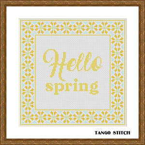 Hello spring cross stitch yellow ornament pattern