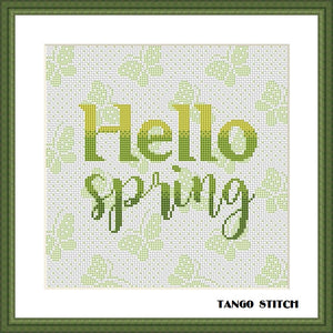 Hello spring typography green butterfly cross stitch pattern, Tango Stitch