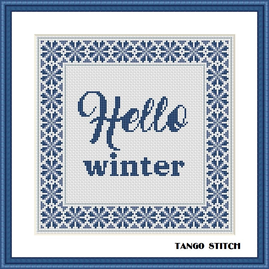 Hello winter cross stitch navy blue ornament pattern