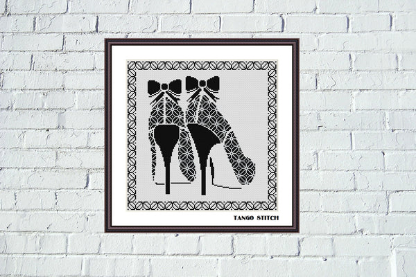 High heels cross stitch black and white ornament pattern