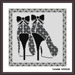High heels cross stitch black and white ornament pattern