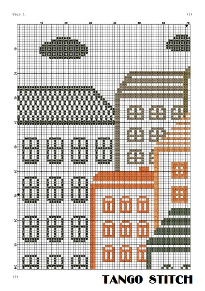 Big city landscape abstract cross stitch hand embroidery pattern - Tango Stitch