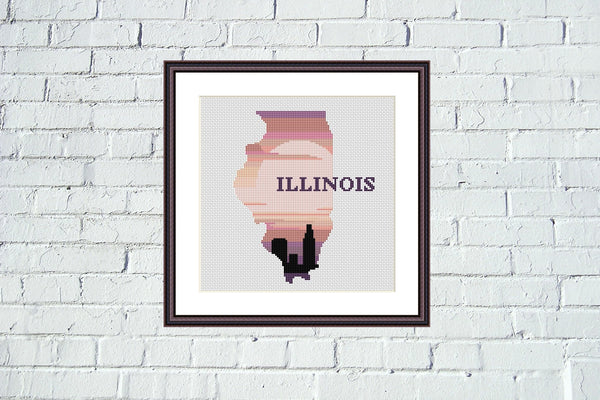 Illinois state map skyline silhouette cross stitch pattern