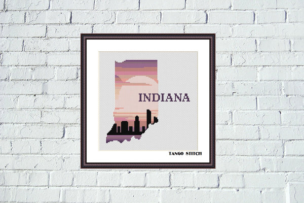 Indiana state map skyline silhouette cross stitch pattern  