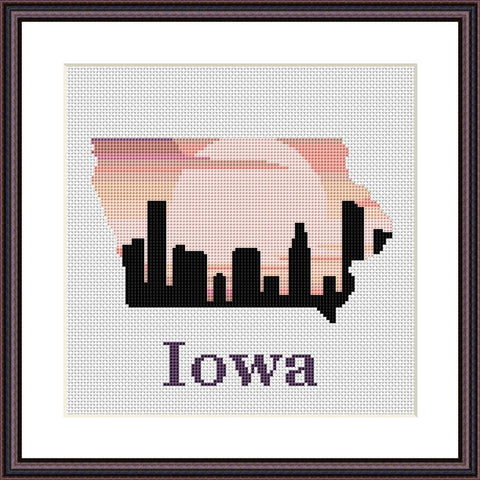 Iowa state map silhouette sunset cross stitch pattern  