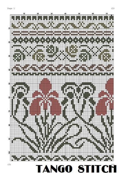 Art nouveau Iris flower ornaments cross stitch pattern - Tango Stitch