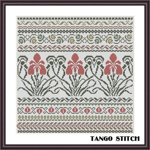 Art nouveau Iris flower ornaments cross stitch pattern - Tango Stitch