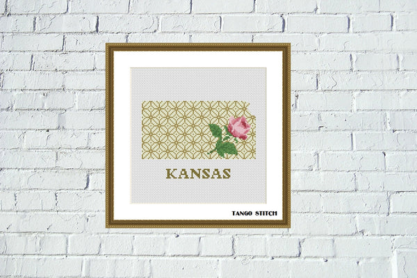 Kansas USA state map flower ornament cross stitch pattern
