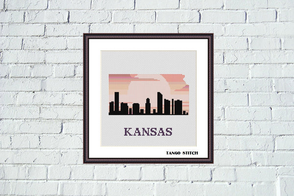 Kansas USA state map skyline sunset cross stitch pattern, Tango Stitch