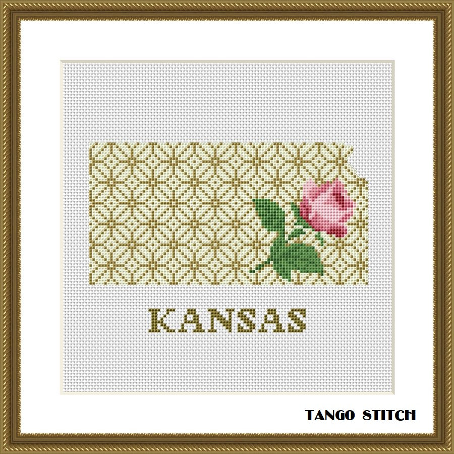 Kansas Sampler Patterns Kansas USA state map flower ornament cross stitch pattern – JPCrochet