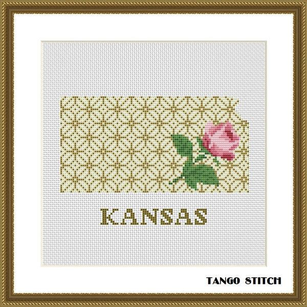 Kansas USA state map flower ornament cross stitch pattern