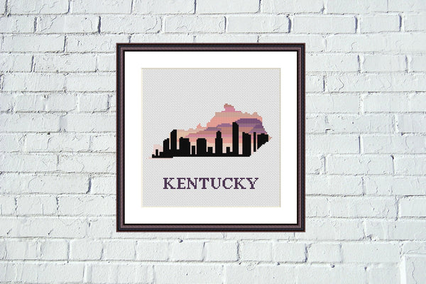 Kentucky state map sunset skyline silhouette cross stitch pattern