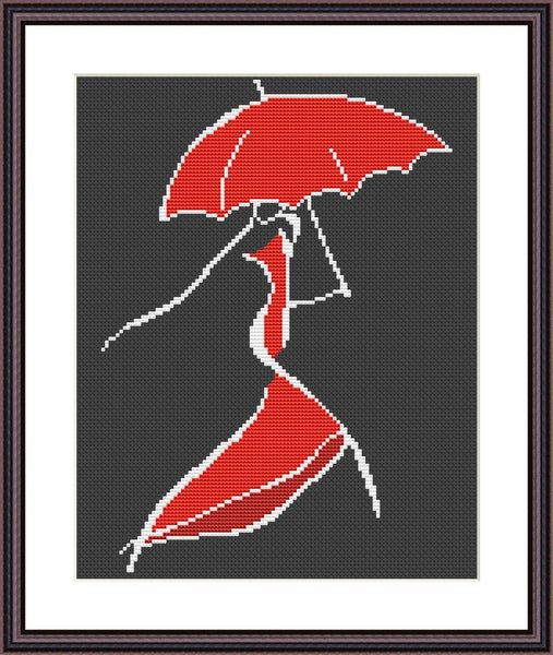 Rainy lady simple romantic cross stitch pattern Black Aida