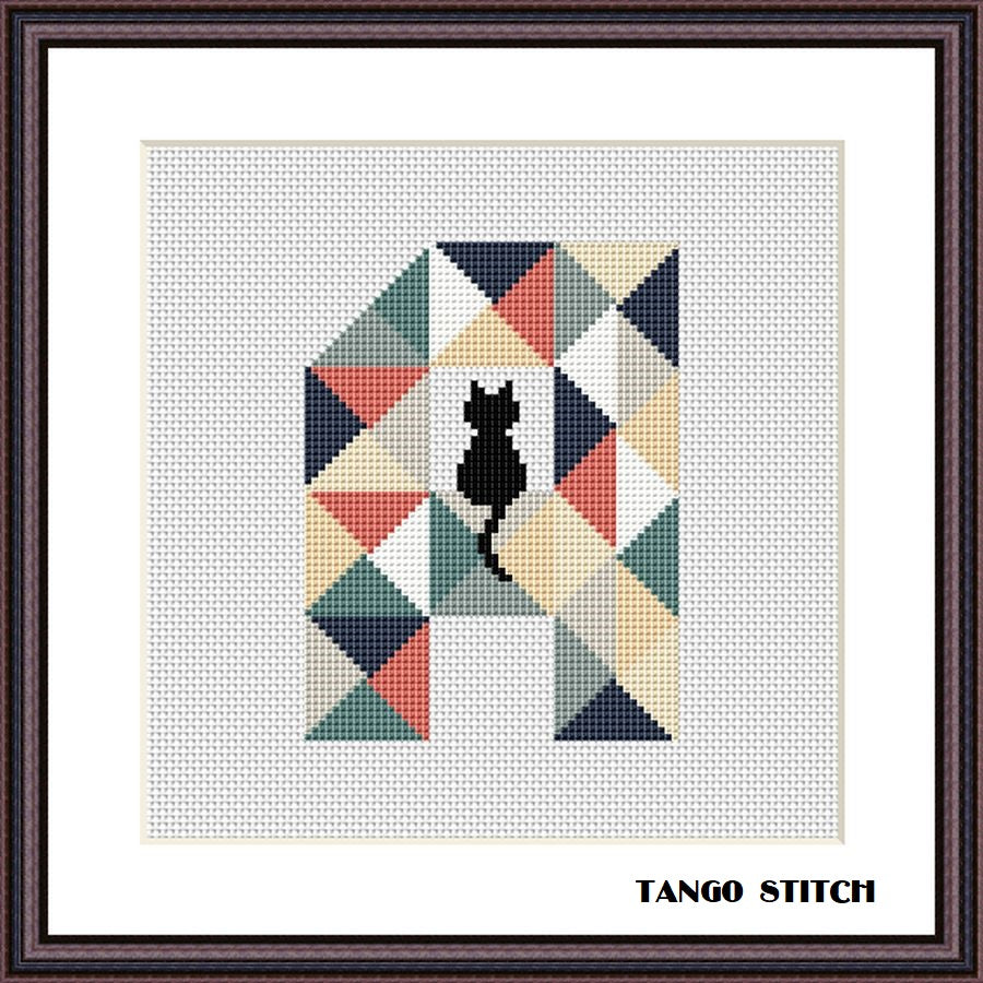 Letter A and cute black cat cross stitch pattern