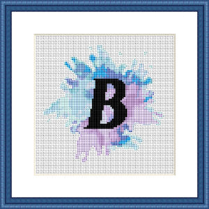 Letter B blue watercolor pastel typography cross stitch pattern