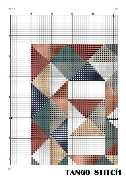 Letter B and cute birds geometric patchwork cross stitch pattern