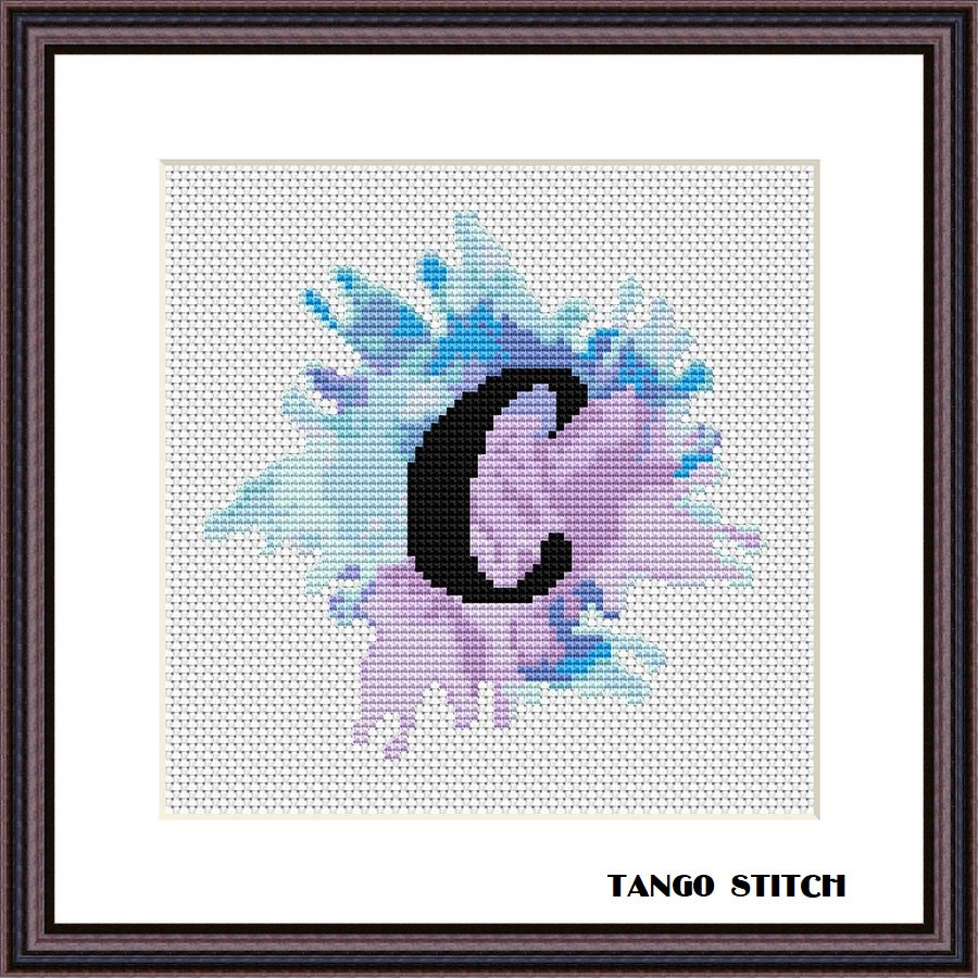 Letter C blue watercolor pastel cross stitch pattern