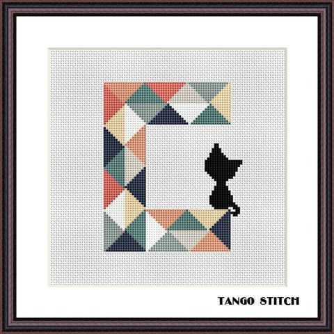 Letter C patchwork funny cute black kitten cross stitch pattern