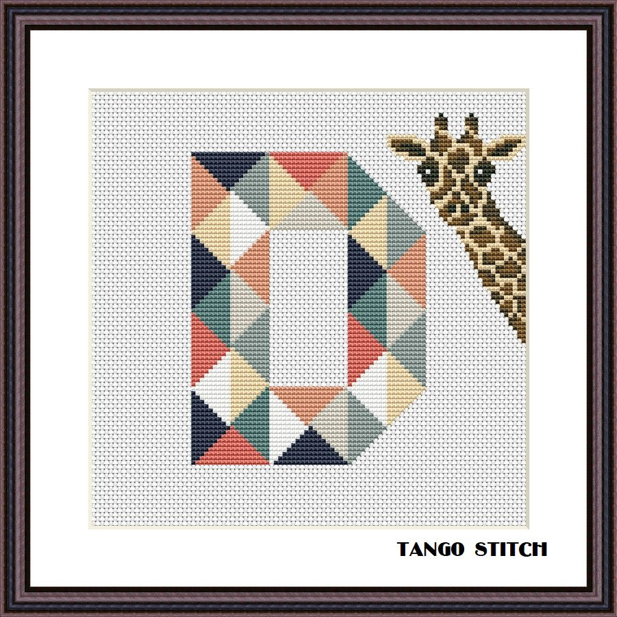 Letter D and cute funny giraffe cross stitch pattern
