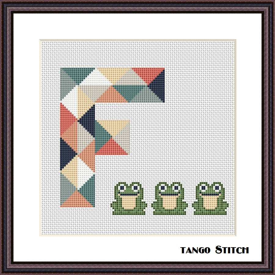 Letter F and cute frogs geometric cross stitch pattern, Tango Stitch