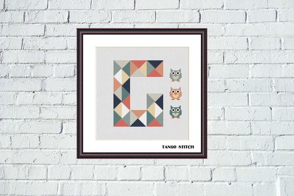 Letter G and cute owls mosaic patchwork cross stitch pattern