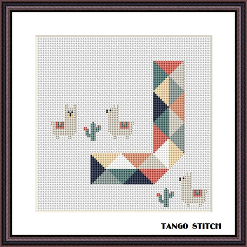 Letter J and cute llama geometric nursery cross stitch pattern