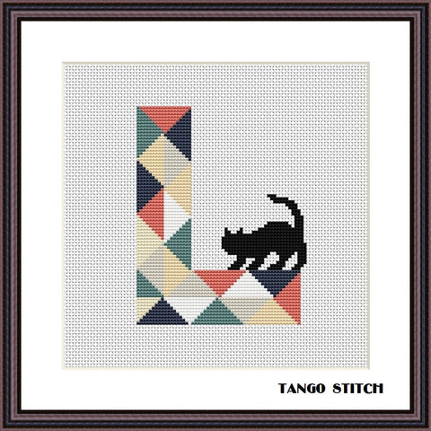 Letter L and curious black cat cross stitch pattern