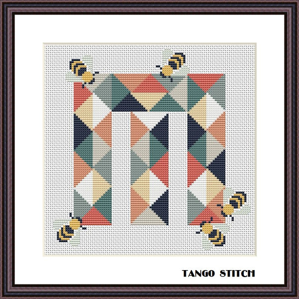Letter M and cute bee nursery cross stitch pattern, Tango Stitch