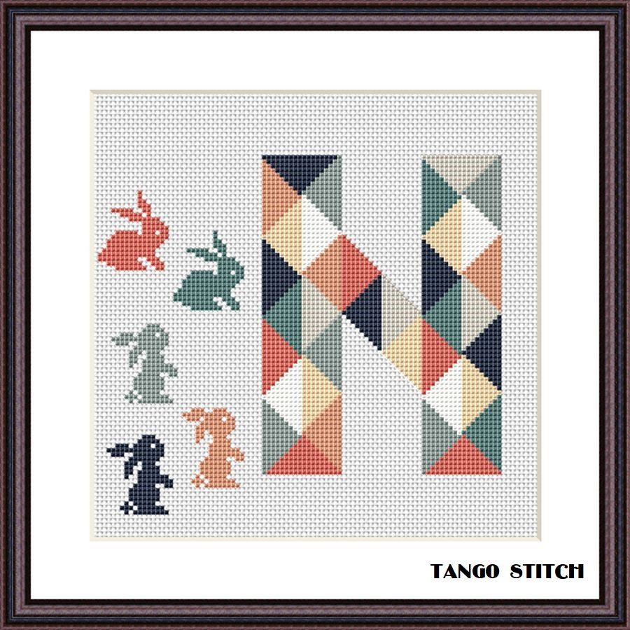 Letter N and cute hare nursery cross stitch pattern, Tango Stitch