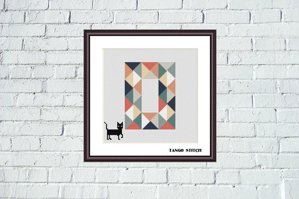 Letter O and funny black cat cross stitch pattern