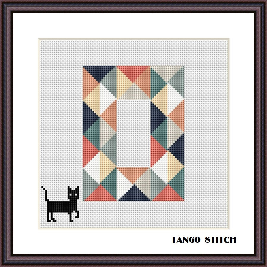 Letter O and funny black cat cross stitch pattern