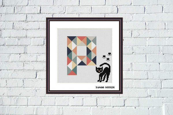 Letter P with curious black cat geometric cross stitch pattern