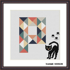 Letter P with curious black cat geometric cross stitch pattern