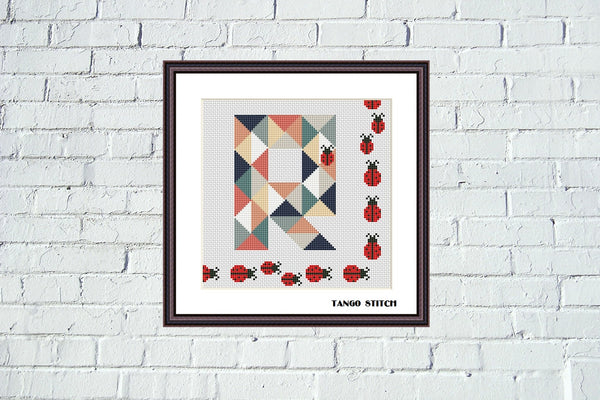 Letter R and cute ladybugs geometric funny cross stitch pattern