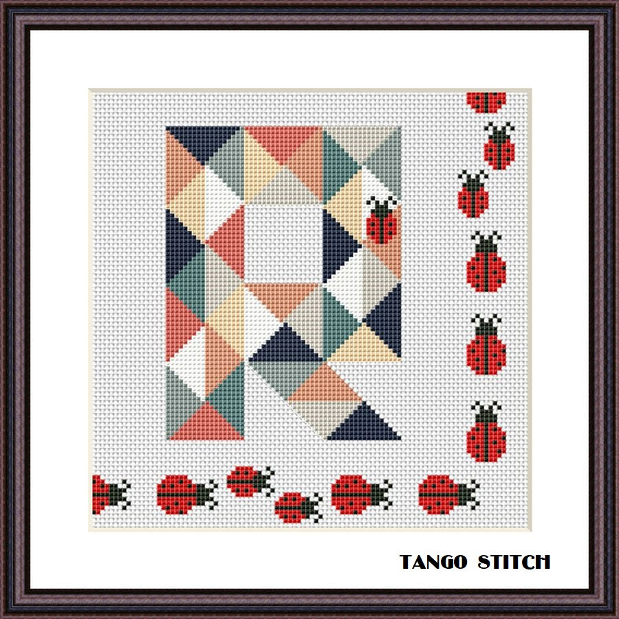 Letter R and cute ladybugs geometric funny cross stitch pattern