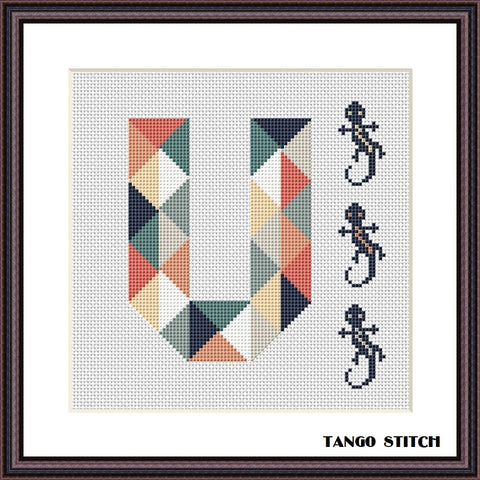 Letter V and cute lizard nursery cross stitch pattern, Tango Stitch