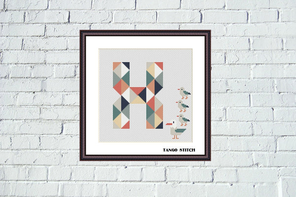 Letter X and funny seagull family cross stitch pattern