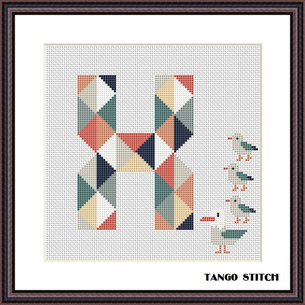 Letter X and funny seagull family cross stitch pattern