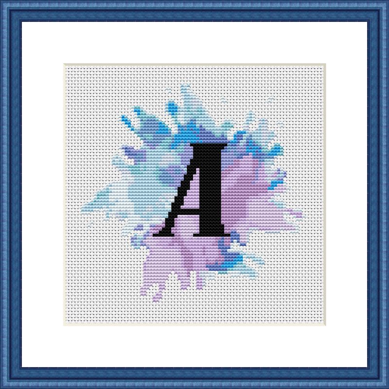 Letter A blue watercolor pastel cross stitch pattern