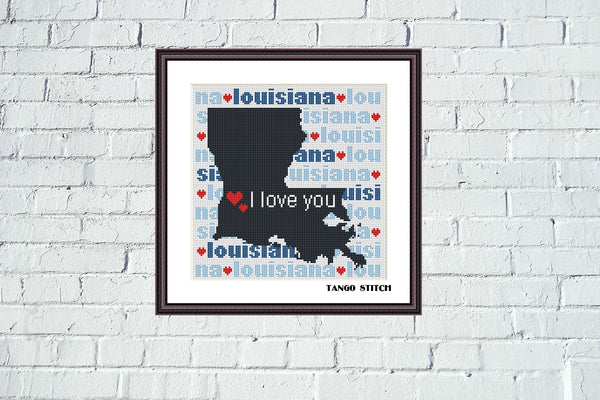 Louisiana state map silhouette typography cross stitch pattern  