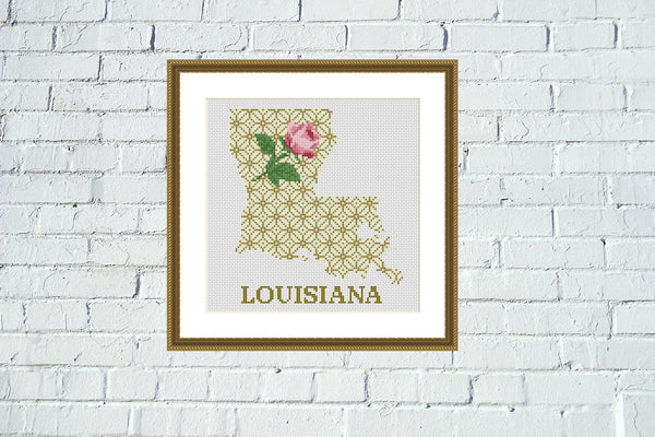 Louisiana state map flower ornament cross stitch pattern