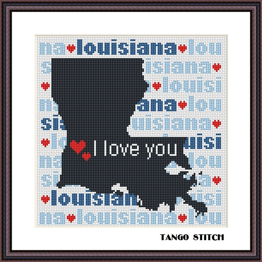 Louisiana state map silhouette typography cross stitch pattern  