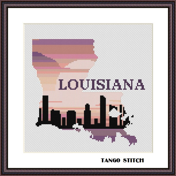 Louisiana state map skyline silhouette sunset cross stitch pattern