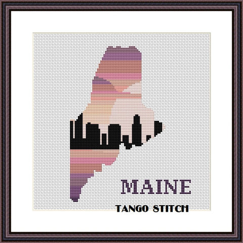 Maine state map skyline silhouette sunset cross stitch pattern