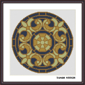 Navy blue vintage mandala cross stitch embroidery pattern - Tango Stitch