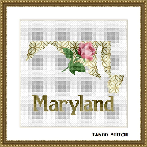 Maryland state map rose ornament cross stitch pattern