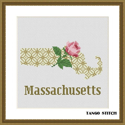 Massachusetts USA state rose flower map cross stitch pattern