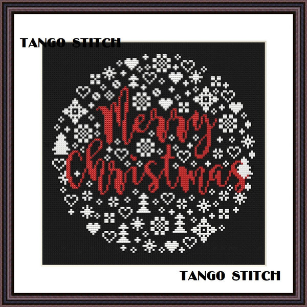 Merry Christmas easy cross stitch embroidery lettering pattern - Tango Stitch