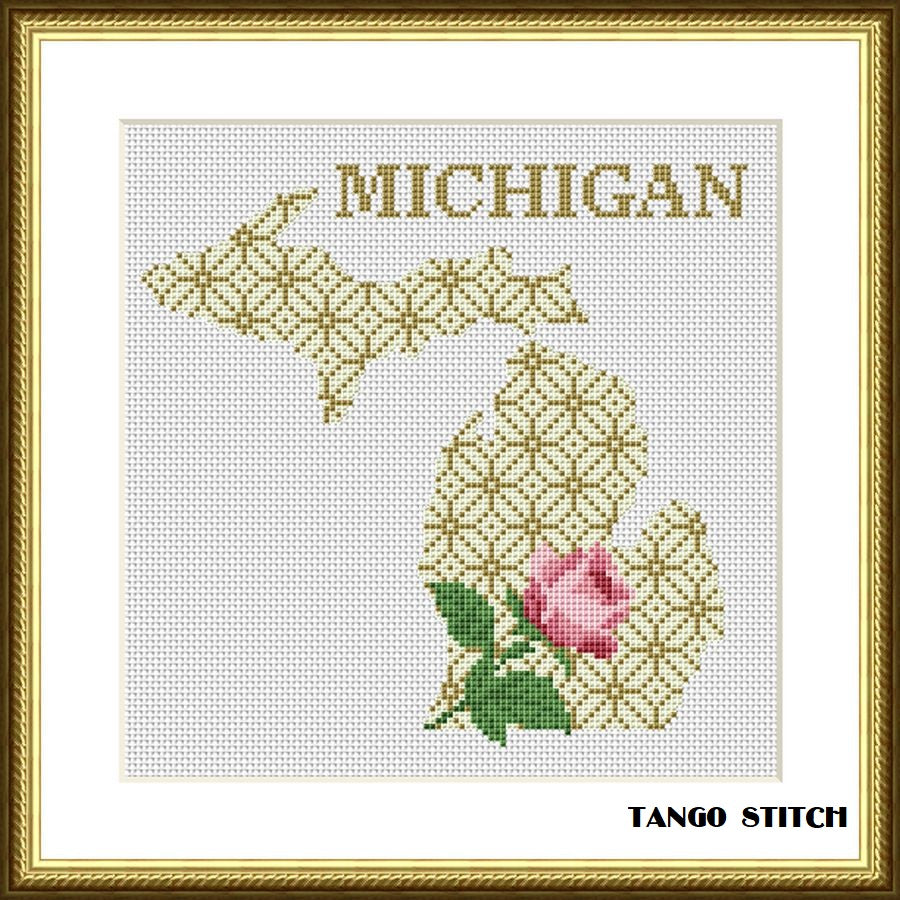 Michigan USA state map flower ornament cross stitch pattern – JPCrochet